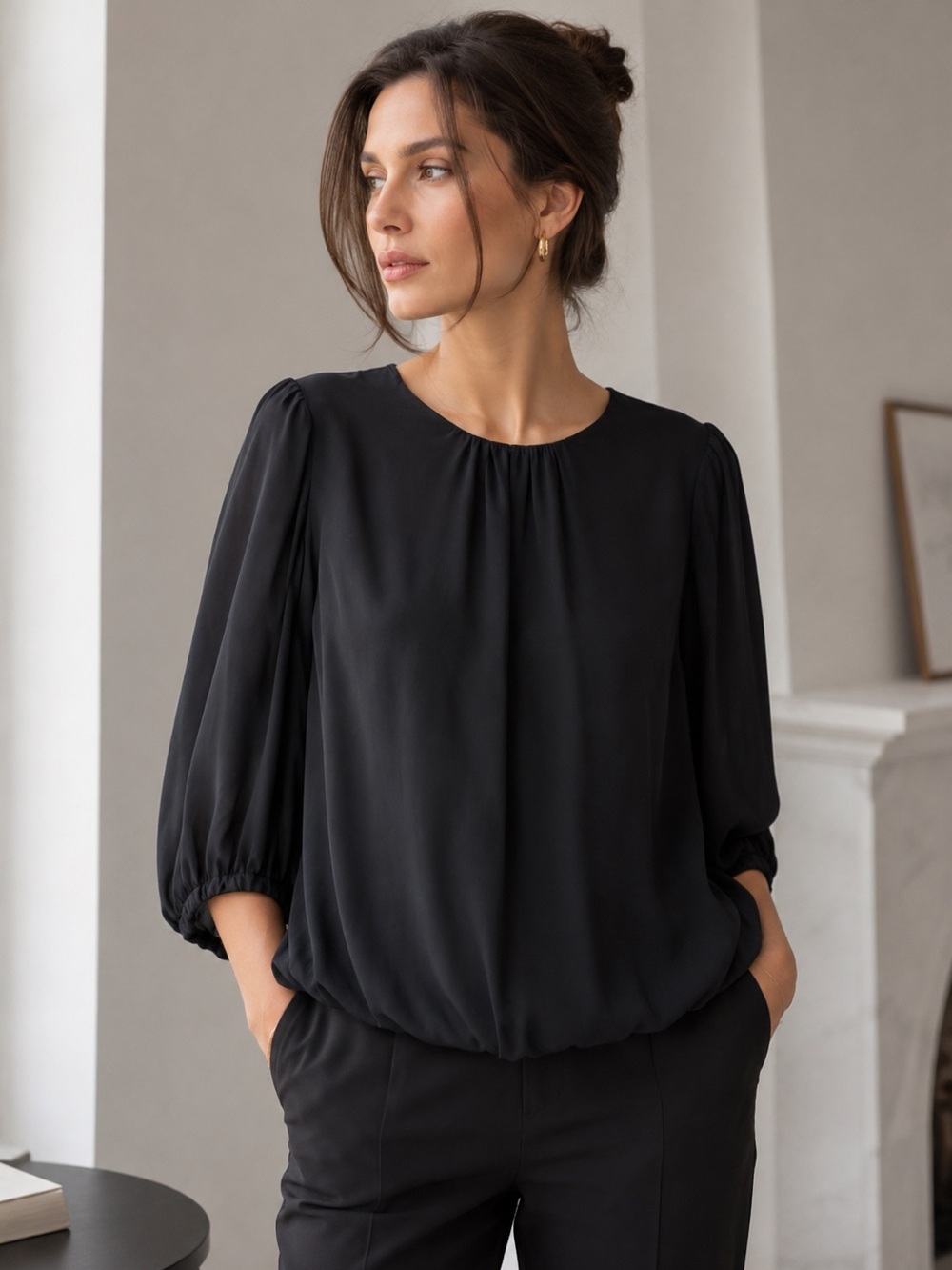 Cassis Silk Blouse Black XL Bubble Hem Career Office Minimalist Quiet Luxury